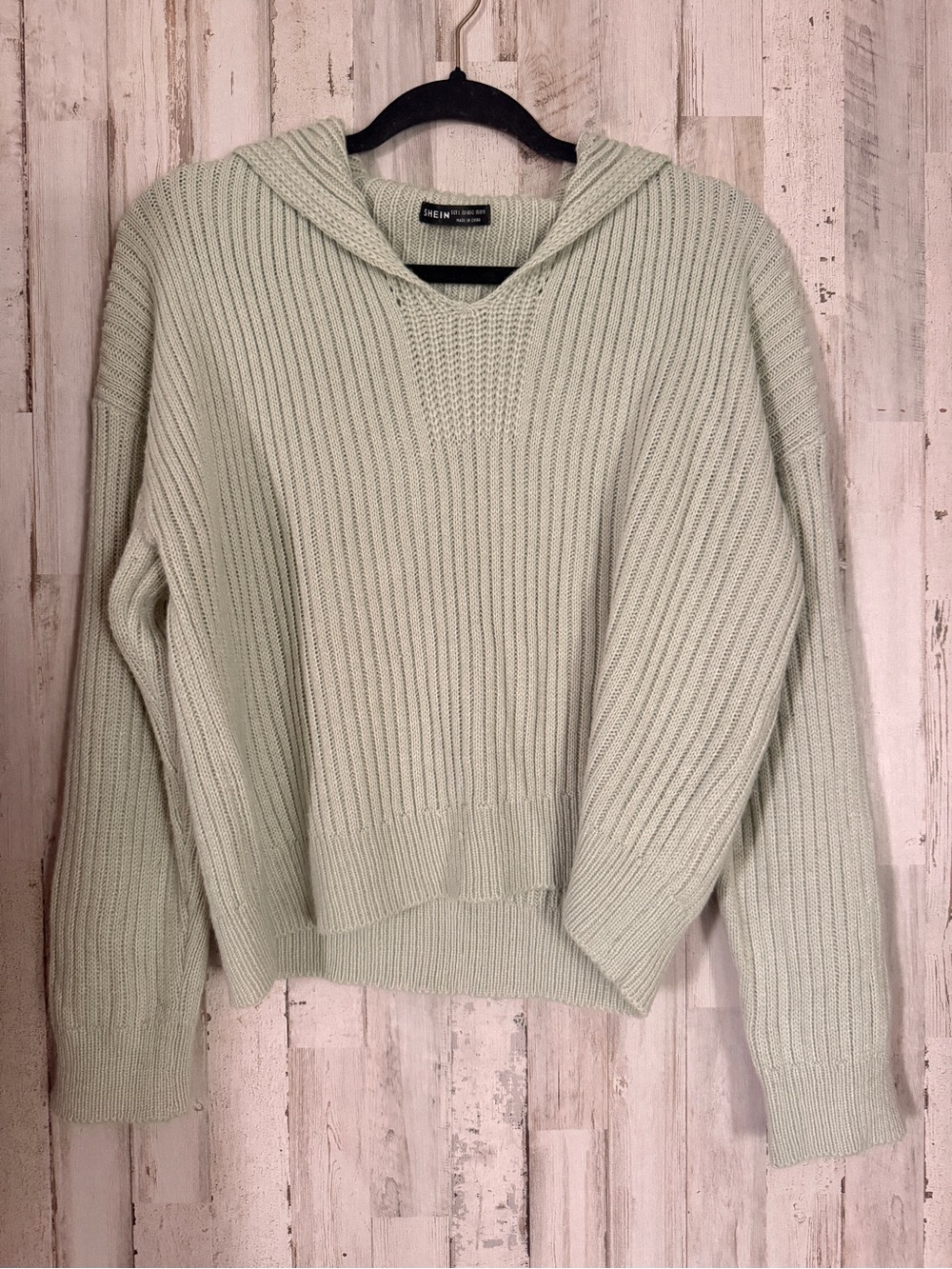 SHEIN Mint Green Ribbed Knit Hooded Sweater
